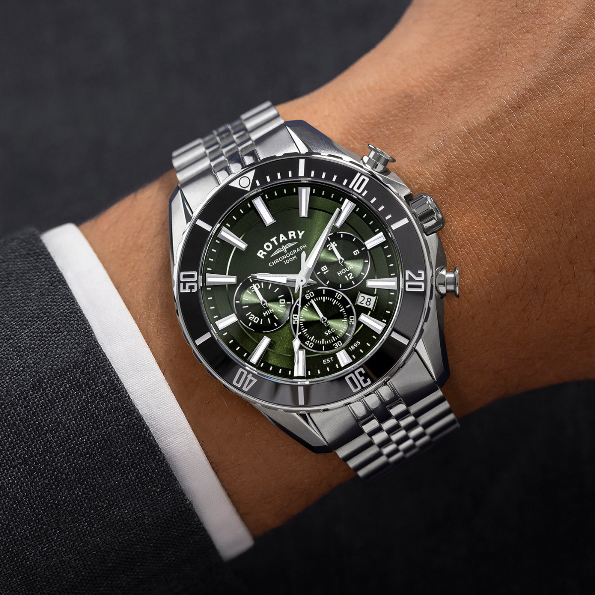 Rotary Men's Apex 100 Chronograph 100M Water Resistance Green Dial Stainless Steel Bracelet Watch - RGB10013/24