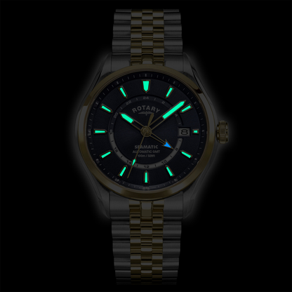 Rotary Men's Seamatic 100 GMT 100M Water Resistance Silver & Gold Plated Stainless Steel Bracelet Watch - RGB10042/05