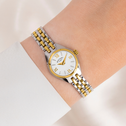 Rotary Ladies Cocktail White Dial Silver & Gold Plated Stainless Steel Bracelet Watch - LB05126/70