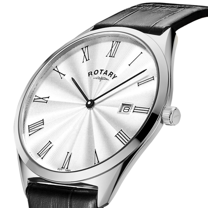 Rotary Men's Ultra SlimStainless Steel Black Leather Strap Watch - GS08010/01