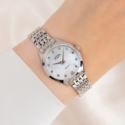 Rotary Ladie's Ultra Slim Stone Set Mother Of Pearl Stainless Steel Bracelet Watch - LB08010/07/D