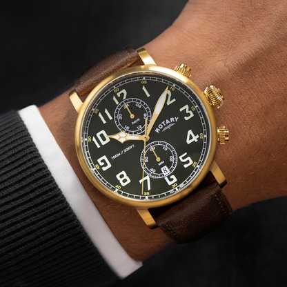 Rotary Men's Heritage Pilot 100M Water Resistance Gold Stainless Steel Brown Leather Strap Watch - RGS10002/24