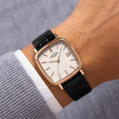 Rotary Men's Heritage Astoria Square Rose Gold Plated Stainless Steel Case Black Leather Strap Watch - GS05309/01