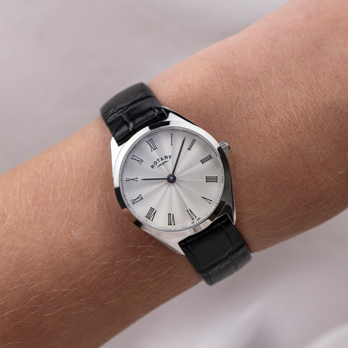 Rotary Ladie's Ultra Slim Stainless Steel Black Leather Strap Watch - LS08010/01