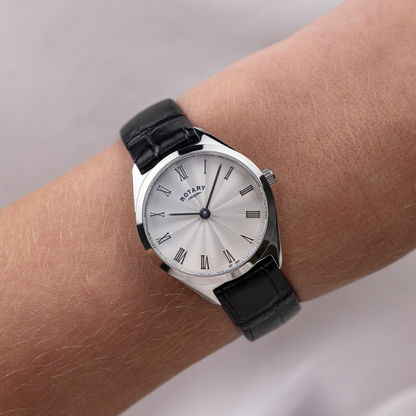 Rotary Ladie's Ultra Slim Stainless Steel Black Leather Strap Watch - LS08010/01