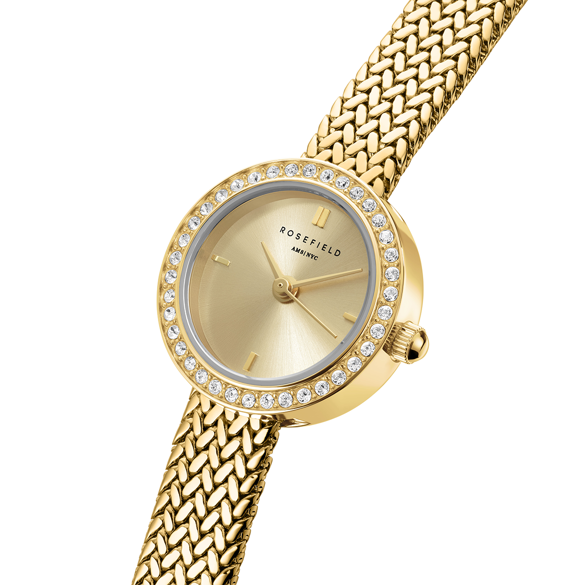 Mini Small Edit Champagne Dial Crystal Gold Woven Mesh Strap - MCGMG-M03