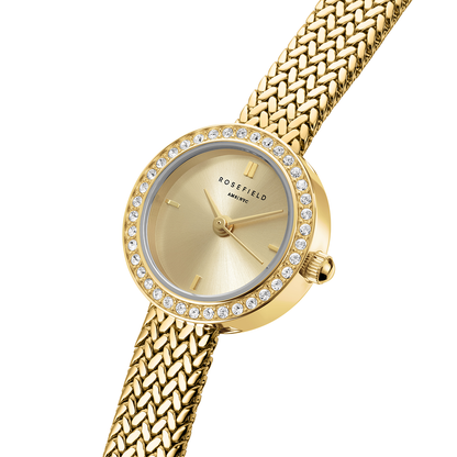 Mini Small Edit Champagne Dial Crystal Gold Woven Mesh Strap - MCGMG-M03