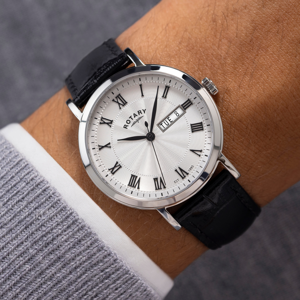 Rotary Men's Heritage Roman Numeral Stainless Steel Black Leather Strap Watch - GS05420/01