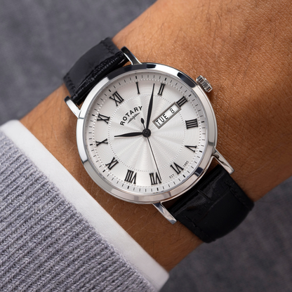 Rotary Men's Heritage Roman Numeral Stainless Steel Black Leather Strap Watch - GS05420/01
