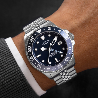 Rotary Men's Seamatic GMT 300M Water Resistance Blue Dial Stainless Steel Bracelet Watch - RGB10005/04