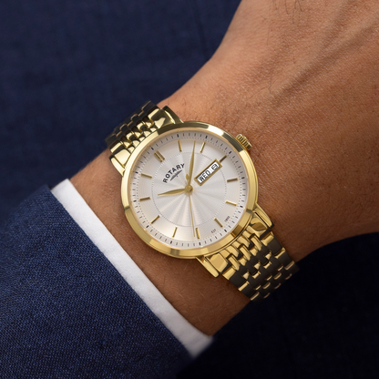 Rotary Men's Heritage White Guilloche Dial Gold Plated Stainless Steel Bracelet Watch - GB05423/02