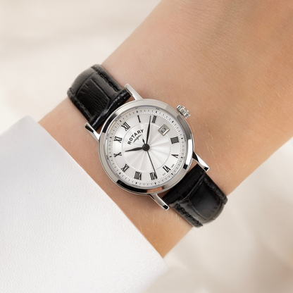 Rotary Ladies Heritage White Roman Numeral Dial Stainless Steel Black Leather Strap Watch - LS05420/01