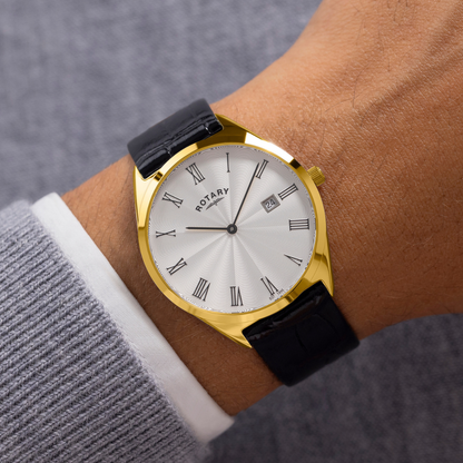 Rotary Men's Ultra SlimGold Plated Stainless Steel Black Leather Strap Watch - GS08013/01