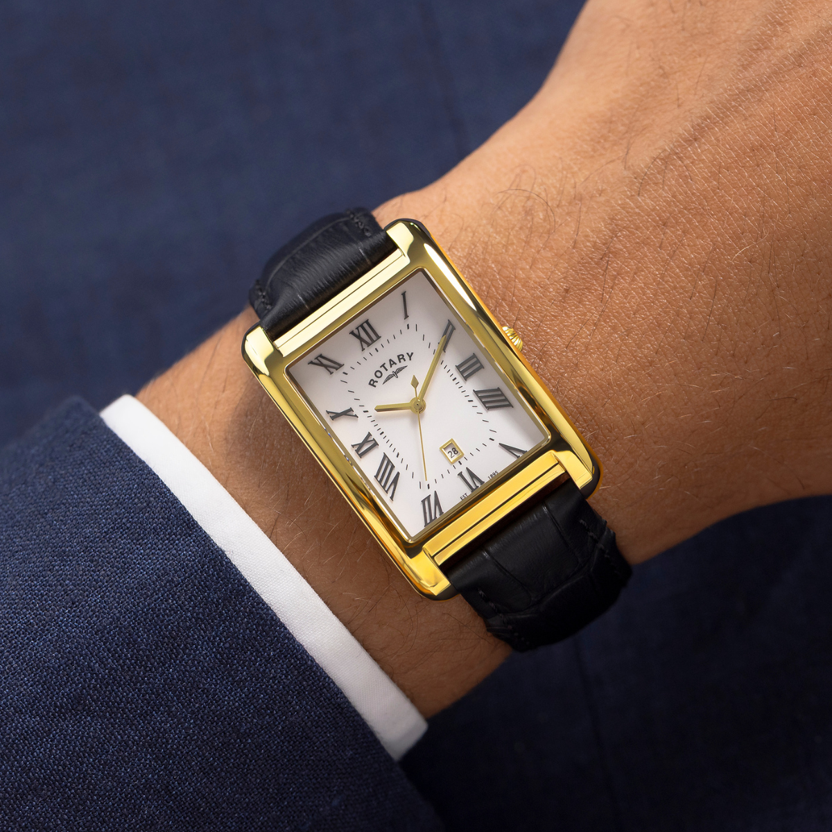 Rotary Men's Heritage Astoria Rectangular Gold Plated Stainless Steel Case Black Leather Strap Watch - GS05753/01