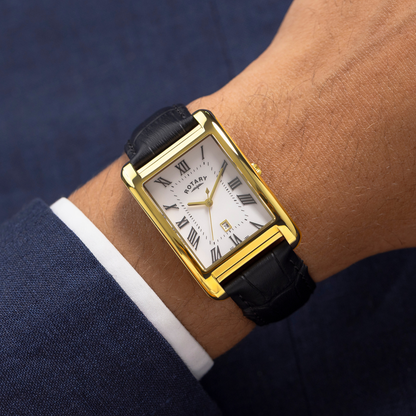 Rotary Men's Heritage Astoria Rectangular Gold Plated Stainless Steel Case Black Leather Strap Watch - GS05753/01