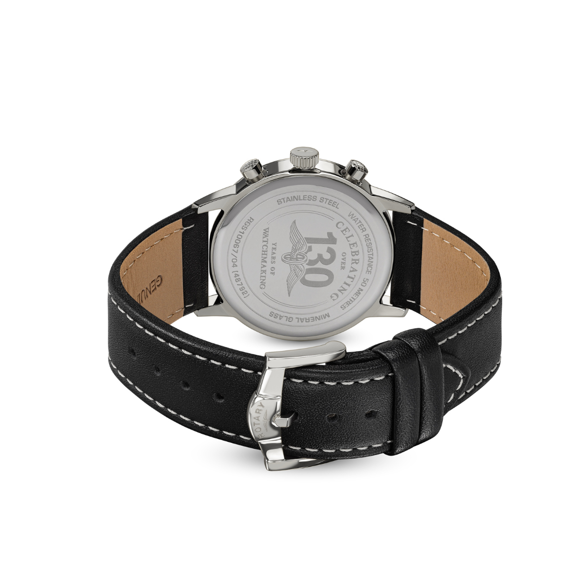 Rotary Men's 1895 Stainless Steel Chronograph Black Leather Strap Watch - RGS10067/04