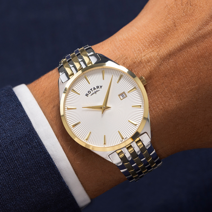 Rotary Men's Ultra Slim Silver & Gold Plated Stainless Steel Bracelet Watch - GB08011/02