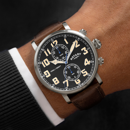 Rotary Men's Heritage Pilot 100M Water Resistance Stainless Steel Brown Leather Strap Watch - RGS10000/04