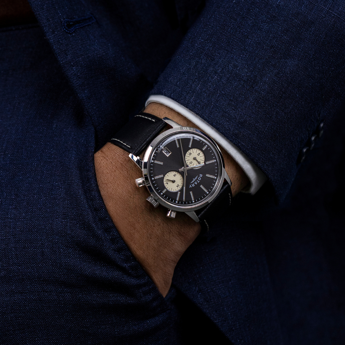 Rotary Men's 1895 Stainless Steel Chronograph Black Leather Strap Watch - RGS10067/04
