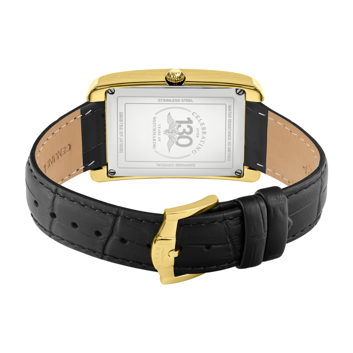 Rotary Men's Heritage Astoria Rectangular Gold Plated Stainless Steel Case Black Leather Strap Watch - GS05753/01
