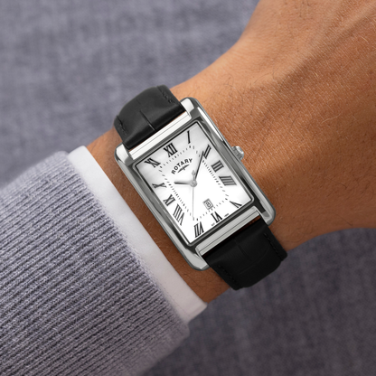 Rotary Men's Heritage Astoria Rectangular Stainless Steel Case Black Leather Strap Watch - GS05750/01