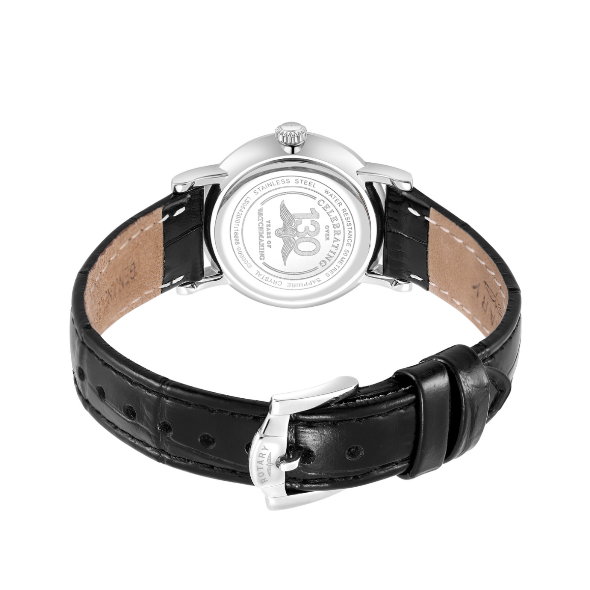 Rotary Ladies Heritage White Roman Numeral Dial Stainless Steel Black Leather Strap Watch - LS05420/01