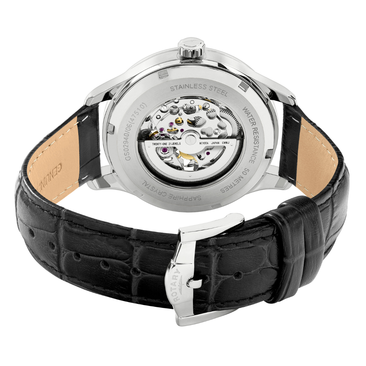 Rotary Men's GreenwichStainless steel Black Leather Strap Watch - GS02940/06