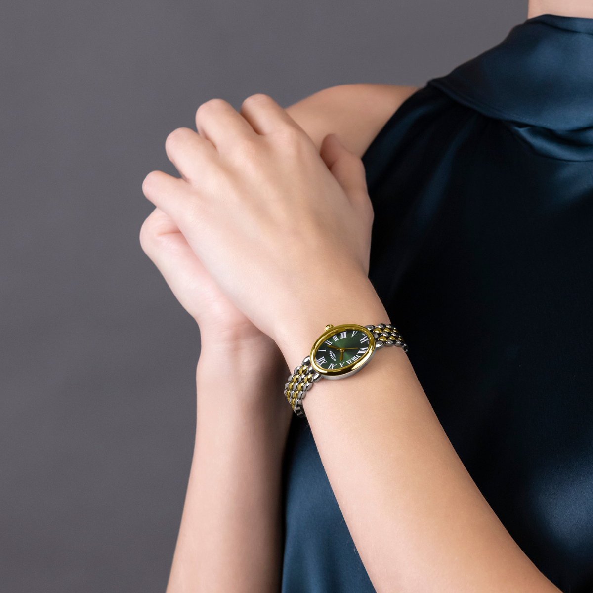 Rotary Ladies Heritage Astoria Green Satin Dial Silver & Gold Plated Stainless Steel Pebble Bracelet Watch - RLB10025/24