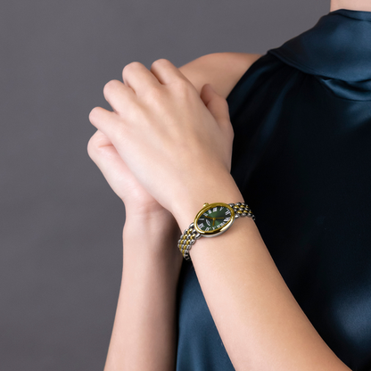 Rotary Ladies Heritage Astoria Green Satin Dial Silver & Gold Plated Stainless Steel Pebble Bracelet Watch - RLB10025/24