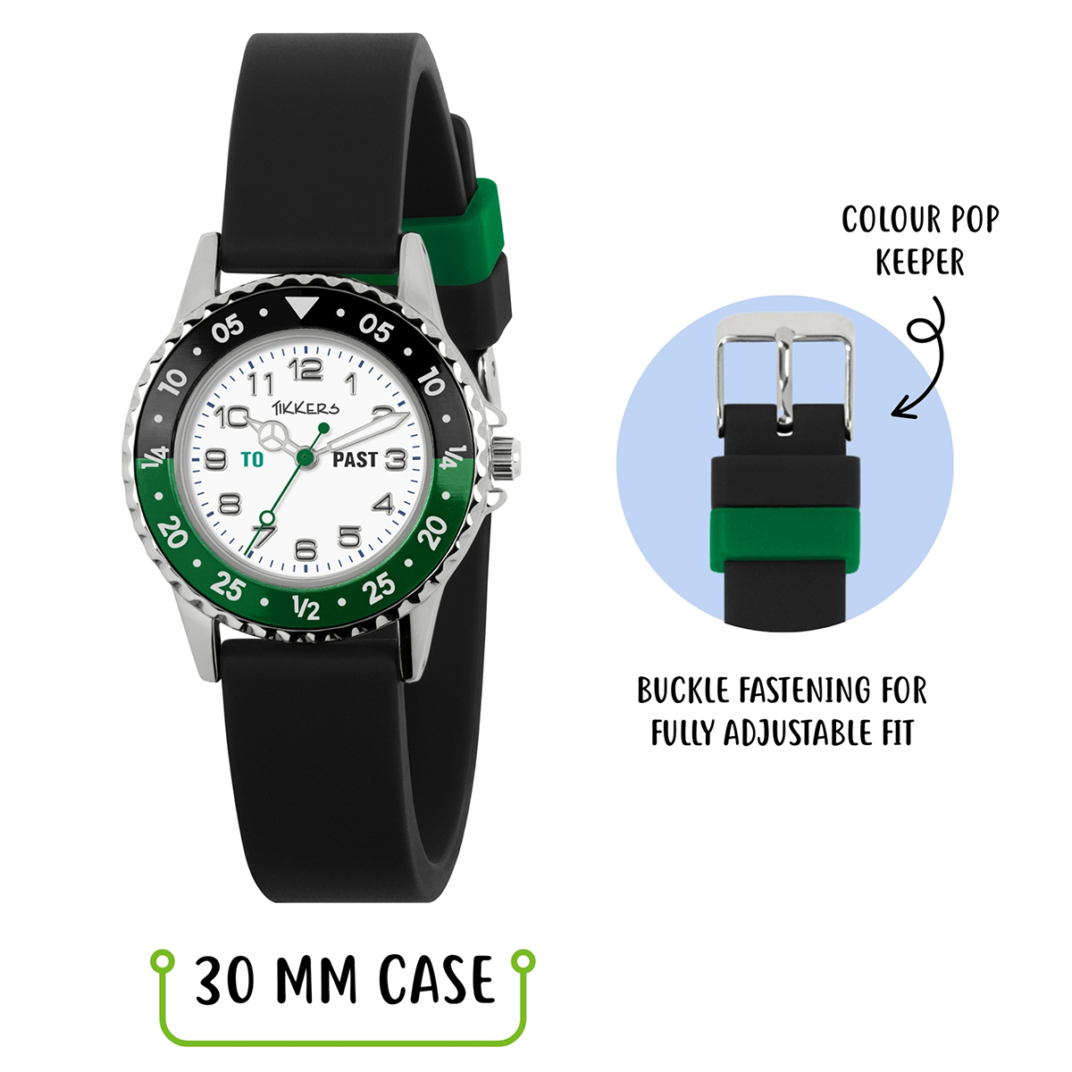 Tikkers Black Strap Time Teacher Watch and Football Keyring Set - ATK1095-SET