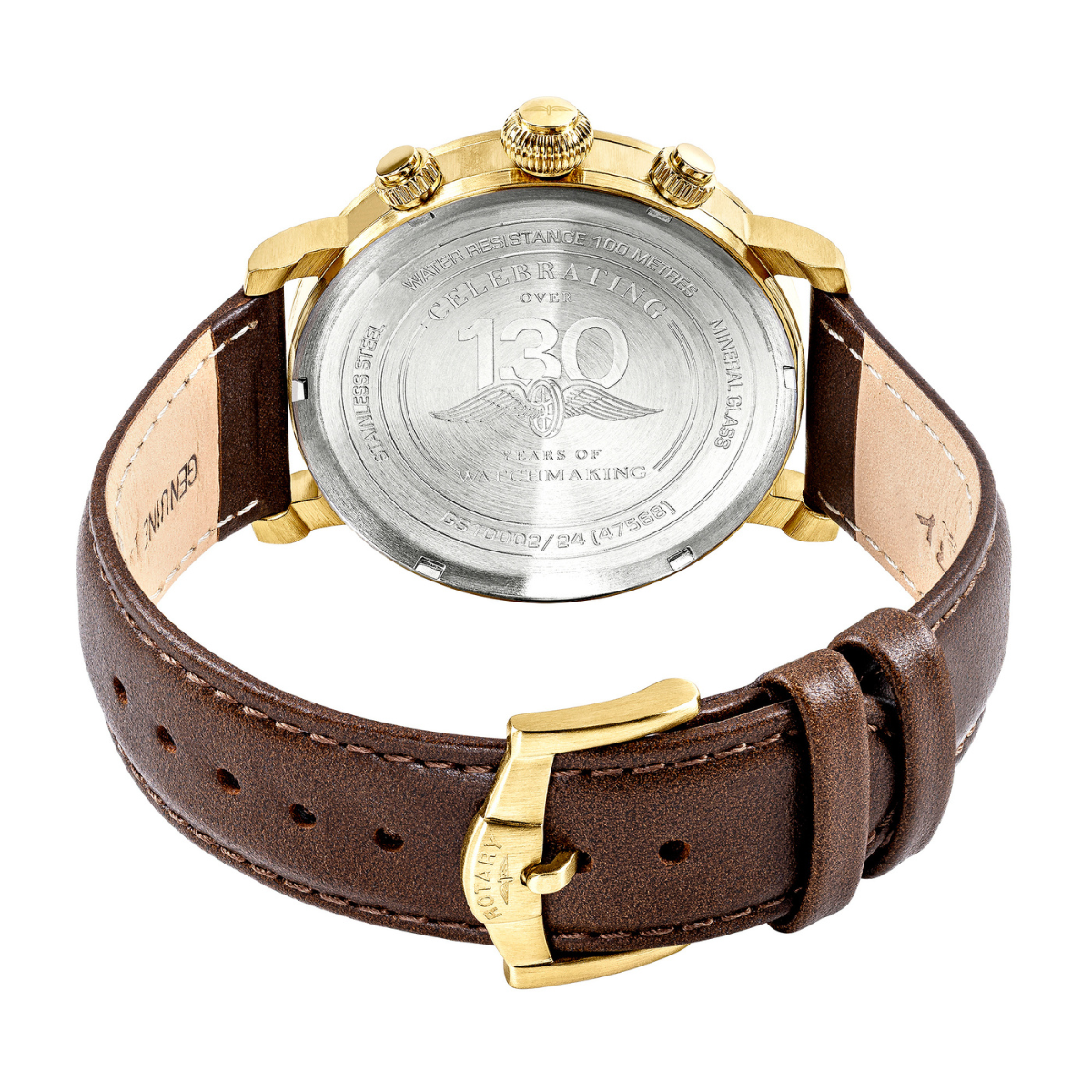 Rotary Men's Heritage Pilot 100M Water Resistance Gold Stainless Steel Brown Leather Strap Watch - RGS10002/24