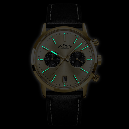 Rotary Men's 1895 Gold Plated Stainless Steel Chronograph Brown Leather Strap Watch - RGS10068/03