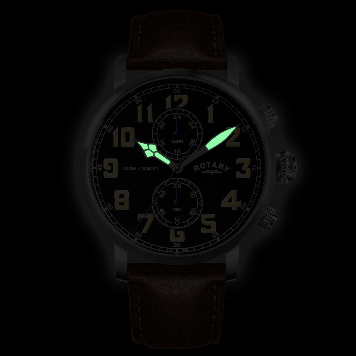 Rotary Men's Heritage Pilot 100M Water Resistance Stainless Steel Brown Leather Strap Watch - RGS10000/04