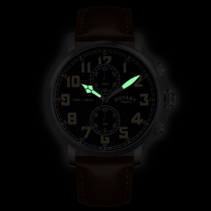 Rotary Men's Heritage Pilot 100M Water Resistance Stainless Steel Brown Leather Strap Watch - RGS10000/04