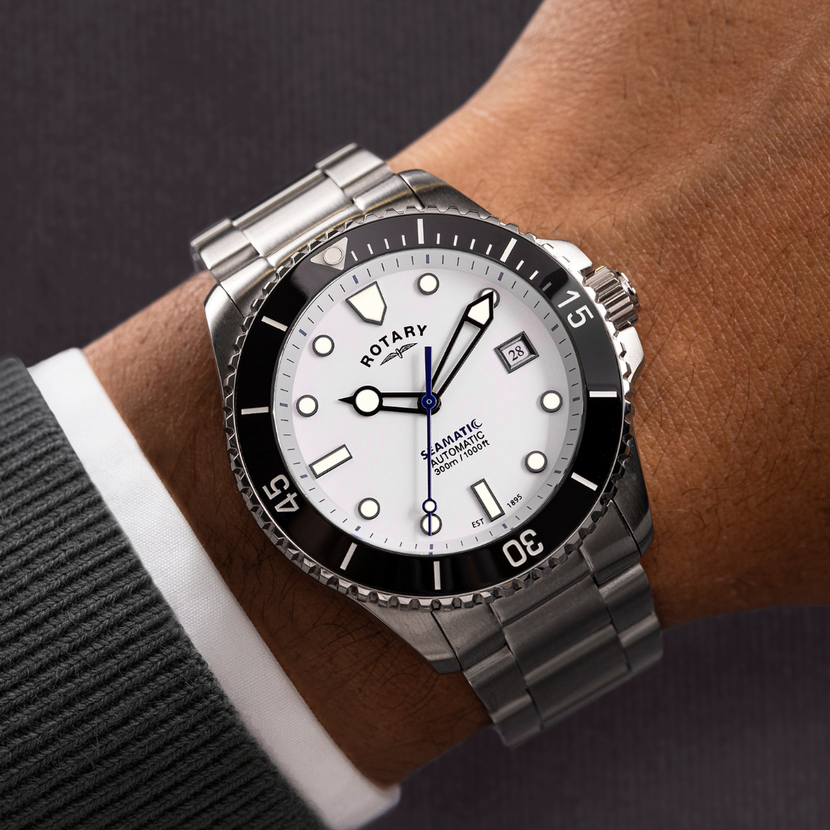 Rotary Men's Seamatic 300M Water Resistance White Dial Stainless Steel Bracelet Watch - RGB05430/29