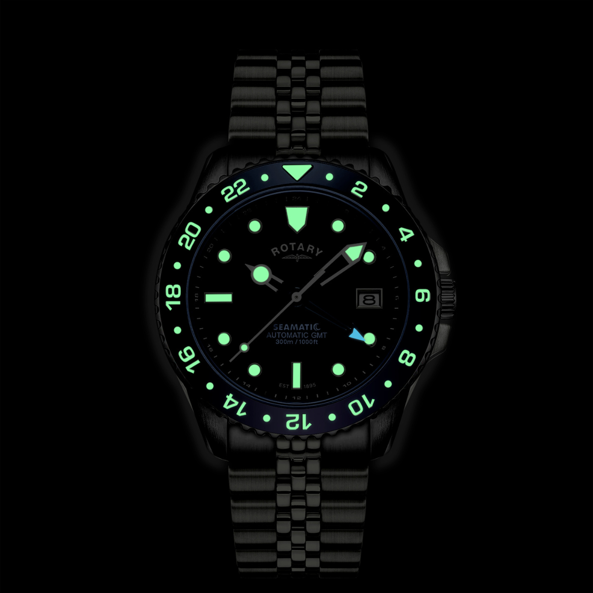 Rotary Men's Seamatic GMT 300M Water Resistance Blue Dial Stainless Steel Bracelet Watch - RGB10005/04