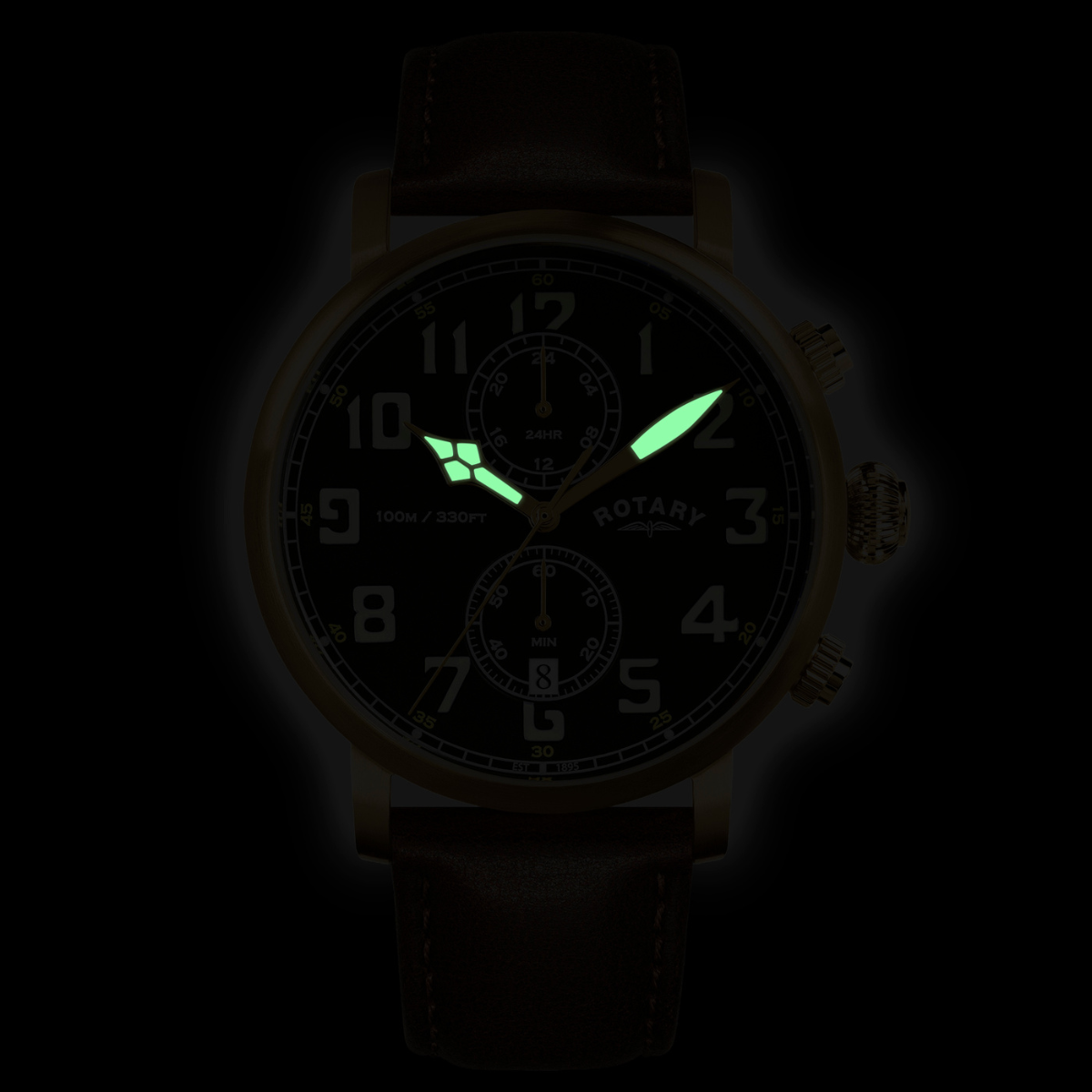 Rotary Men's Heritage Pilot 100M Water Resistance Gold Stainless Steel Brown Leather Strap Watch - RGS10002/24
