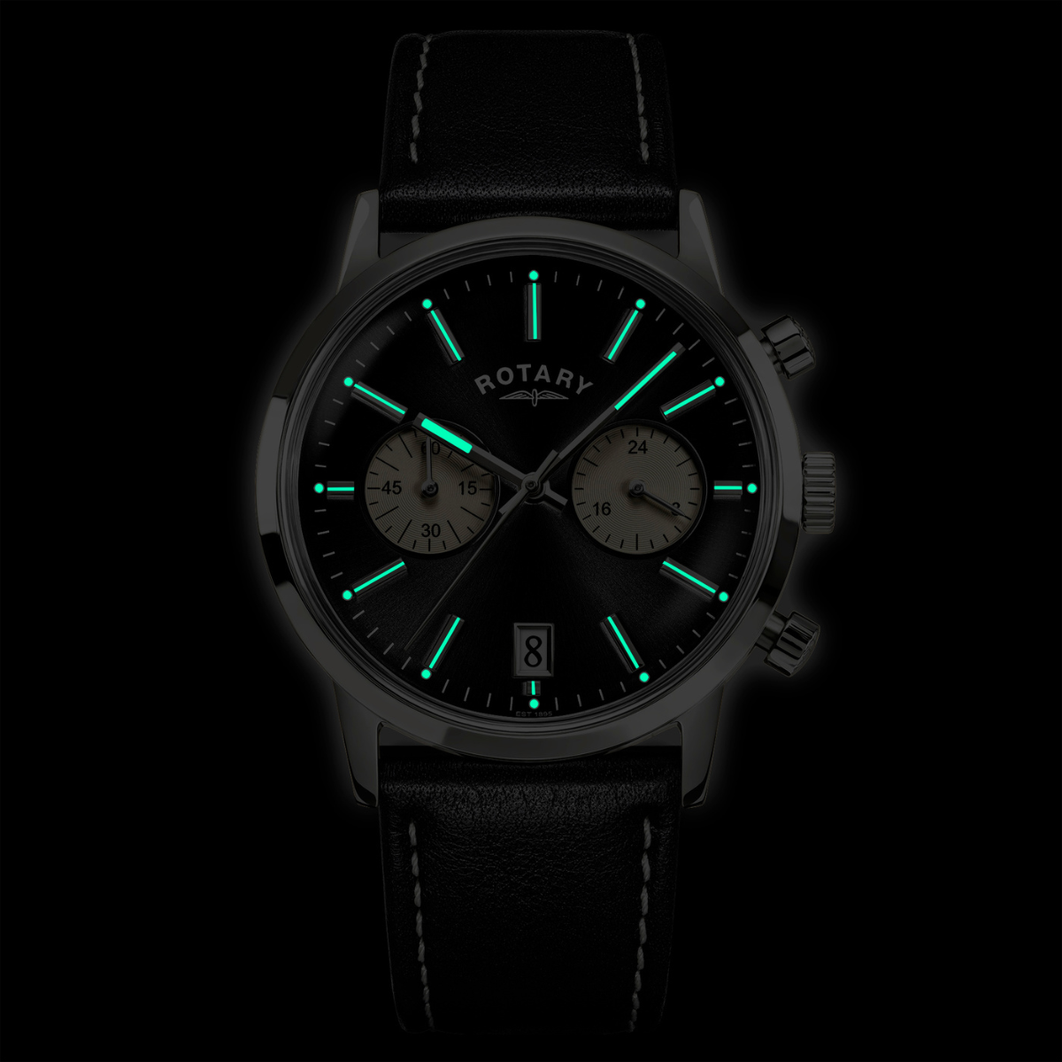 Rotary Men's 1895 Stainless Steel Chronograph Black Leather Strap Watch - RGS10067/04