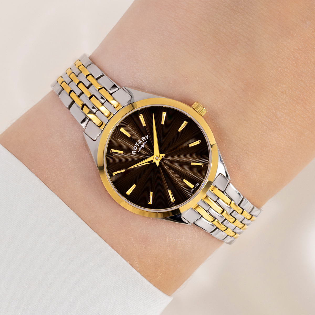 Rotary Ladie's Ultra Slim Sunray Guilloche Dial Silver & Gold Plated Stainless Steel Bracelet Watch - LB08011/49