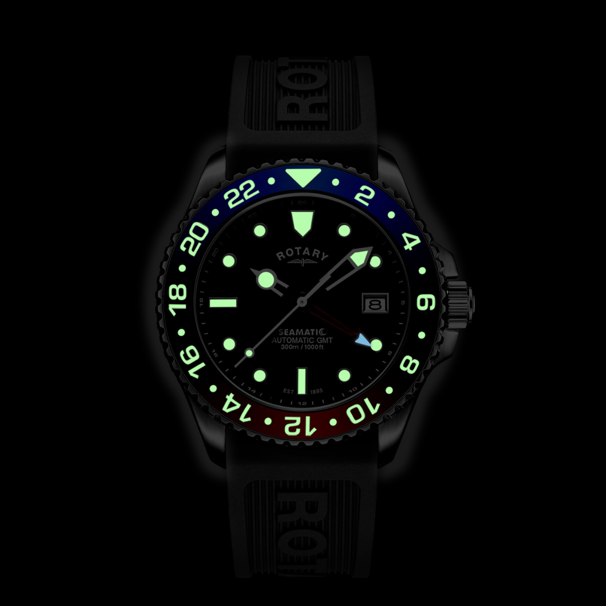 Rotary Men's Seamatic GMT 300M Water Resistance Stainless Steel Black Silicone Strap Watch - GS04378/95
