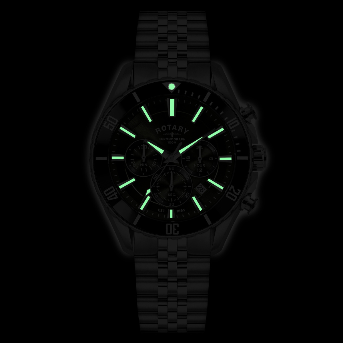 Rotary Men's Apex 100 Chronograph 100M Water Resistance Green Dial Stainless Steel Bracelet Watch - RGB10013/24