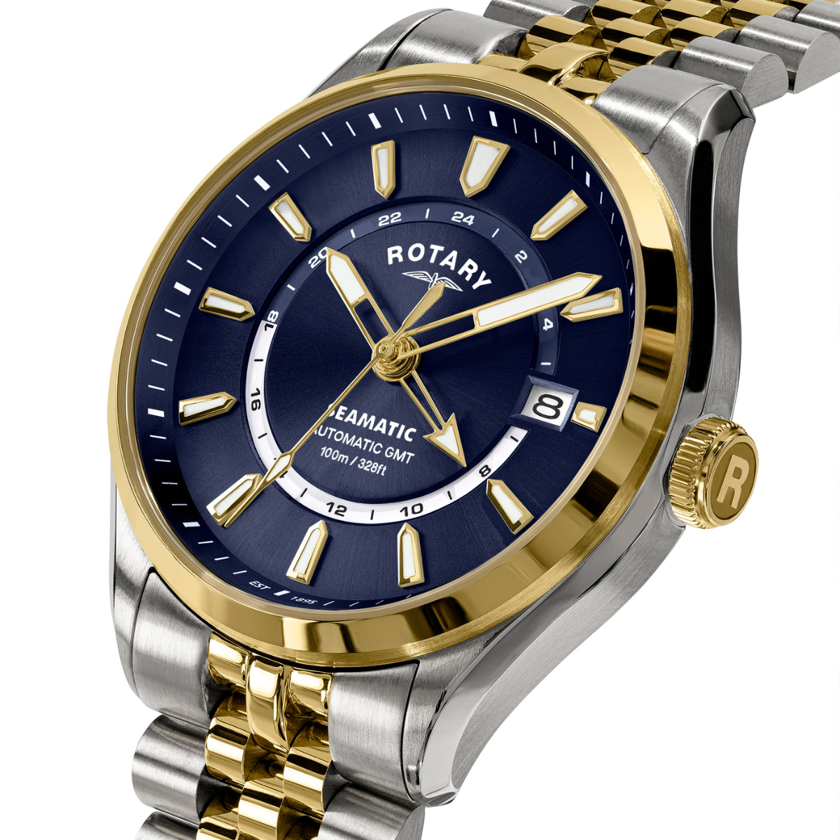 Rotary Men's Seamatic 100 GMT 100M Water Resistance Silver & Gold Plated Stainless Steel Bracelet Watch - RGB10042/05