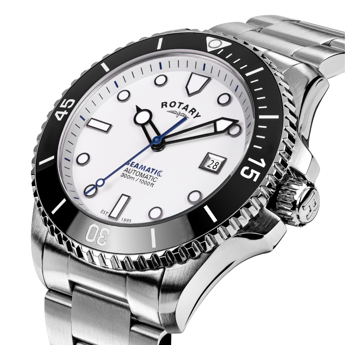 Rotary Men's Seamatic 300M Water Resistance White Dial Stainless Steel Bracelet Watch - RGB05430/29