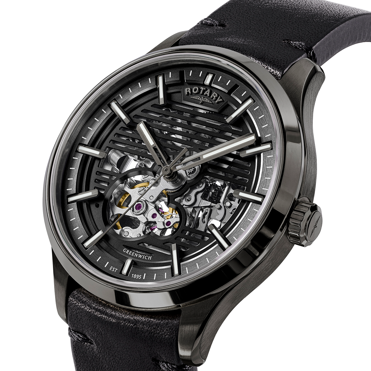 Rotary Men's Greenwich Skeleton Automatic 100M Water Resistance Gun Stainless Steel Black Leather Strap Watch - RGS10078/04