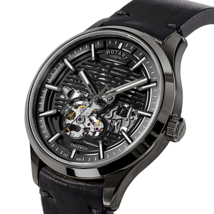 Rotary Men's Greenwich Skeleton Automatic 100M Water Resistance Gun Stainless Steel Black Leather Strap Watch - RGS10078/04