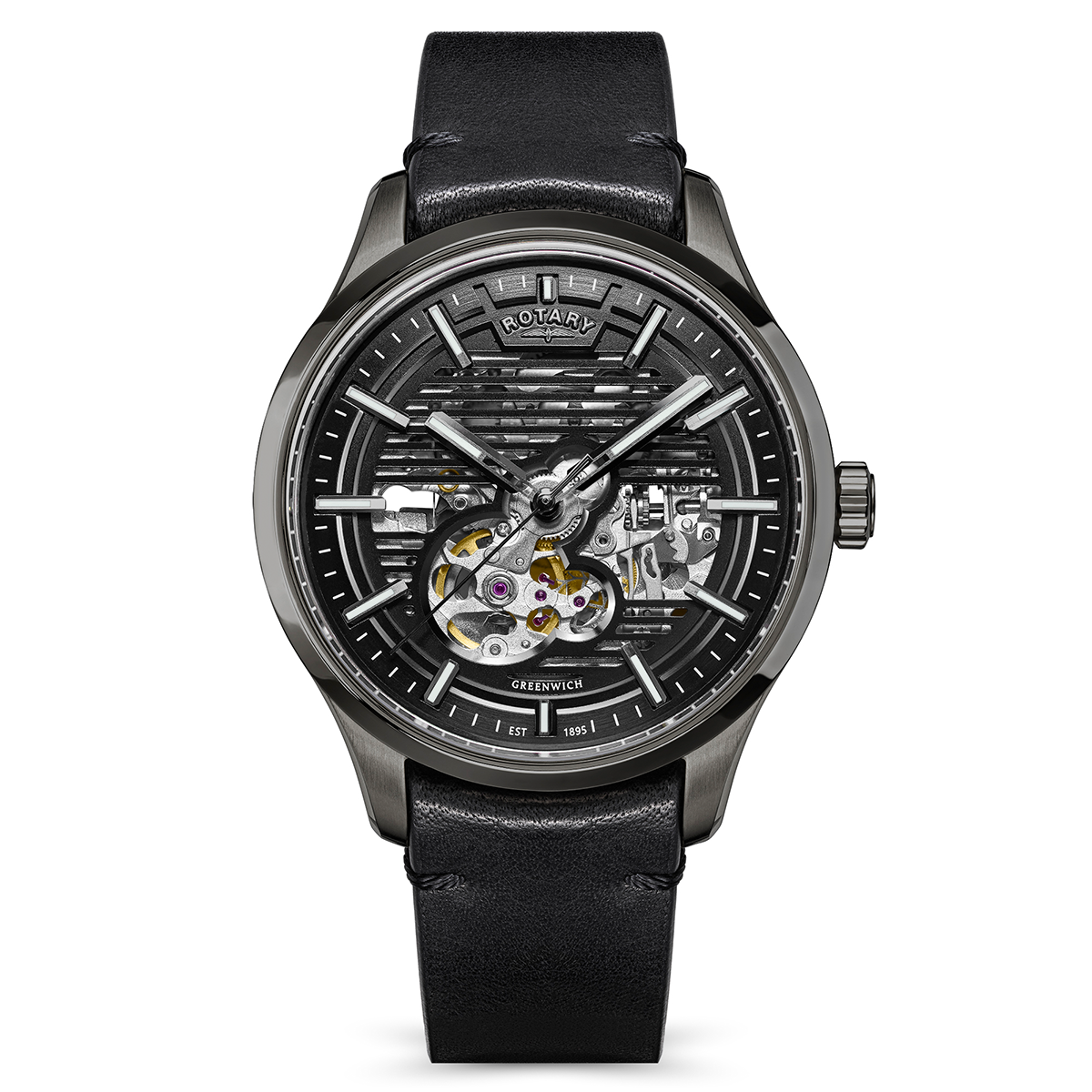 Rotary Men's Greenwich Skeleton Automatic 100M Water Resistance Gun Stainless Steel Black Leather Strap Watch - RGS10078/04