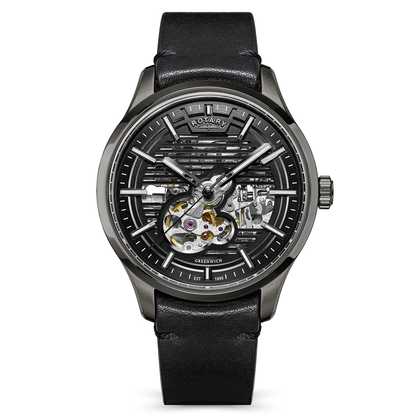 Rotary Men's Greenwich Skeleton Automatic 100M Water Resistance Gun Stainless Steel Black Leather Strap Watch - RGS10078/04