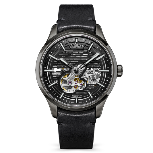 Rotary Men's Greenwich Skeleton Automatic 100M Water Resistance Gun Stainless Steel Black Leather Strap Watch - RGS10078/04