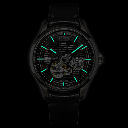 Rotary Men's Greenwich Skeleton Automatic 100M Water Resistance Gun Stainless Steel Black Leather Strap Watch - RGS10078/04