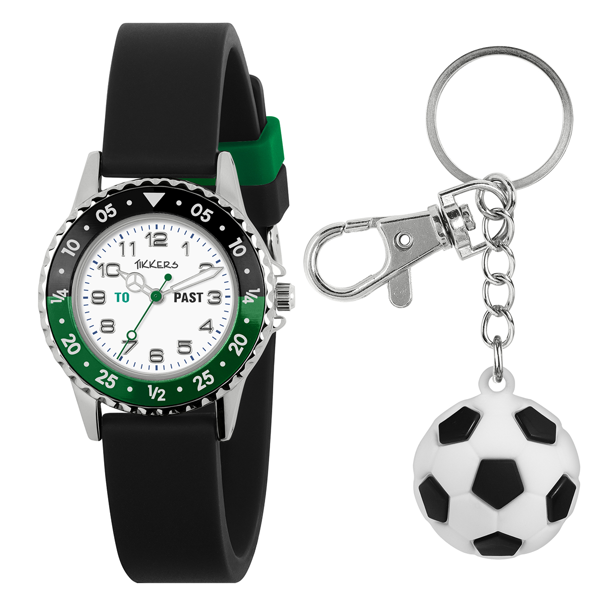 Tikkers Black Strap Time Teacher Watch and Football Keyring Set - ATK1095-SET